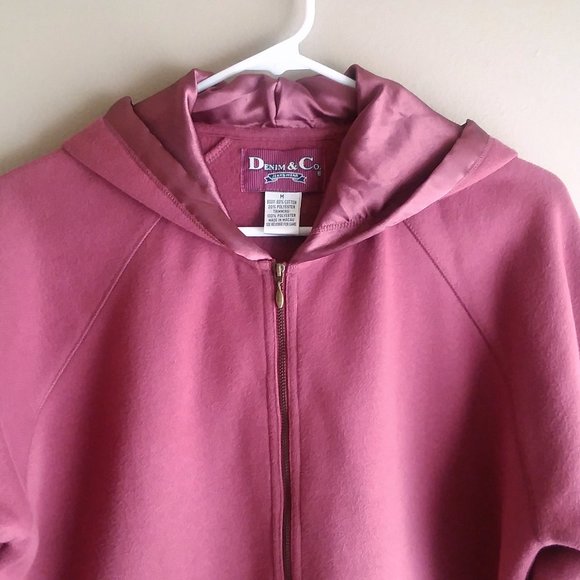 Denim & Co. Burgundy Zip Up  Hoodie Sweatshirt with Satin Hood, Pocket, and Ties - Picture 3 of 9